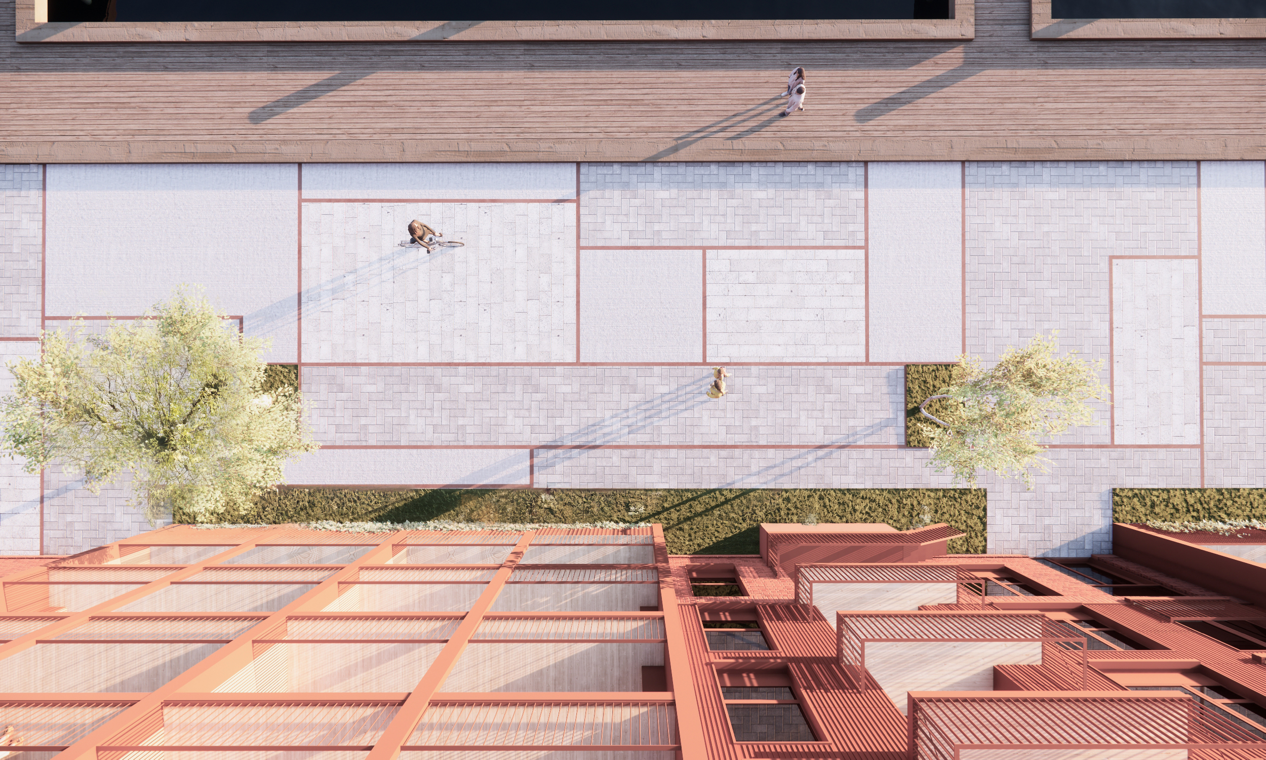Fugleperspektiv visualisering af Enghave Brygge Syd bestående af Sejlbryggen, Lanternebryggen og Ankerbryggen