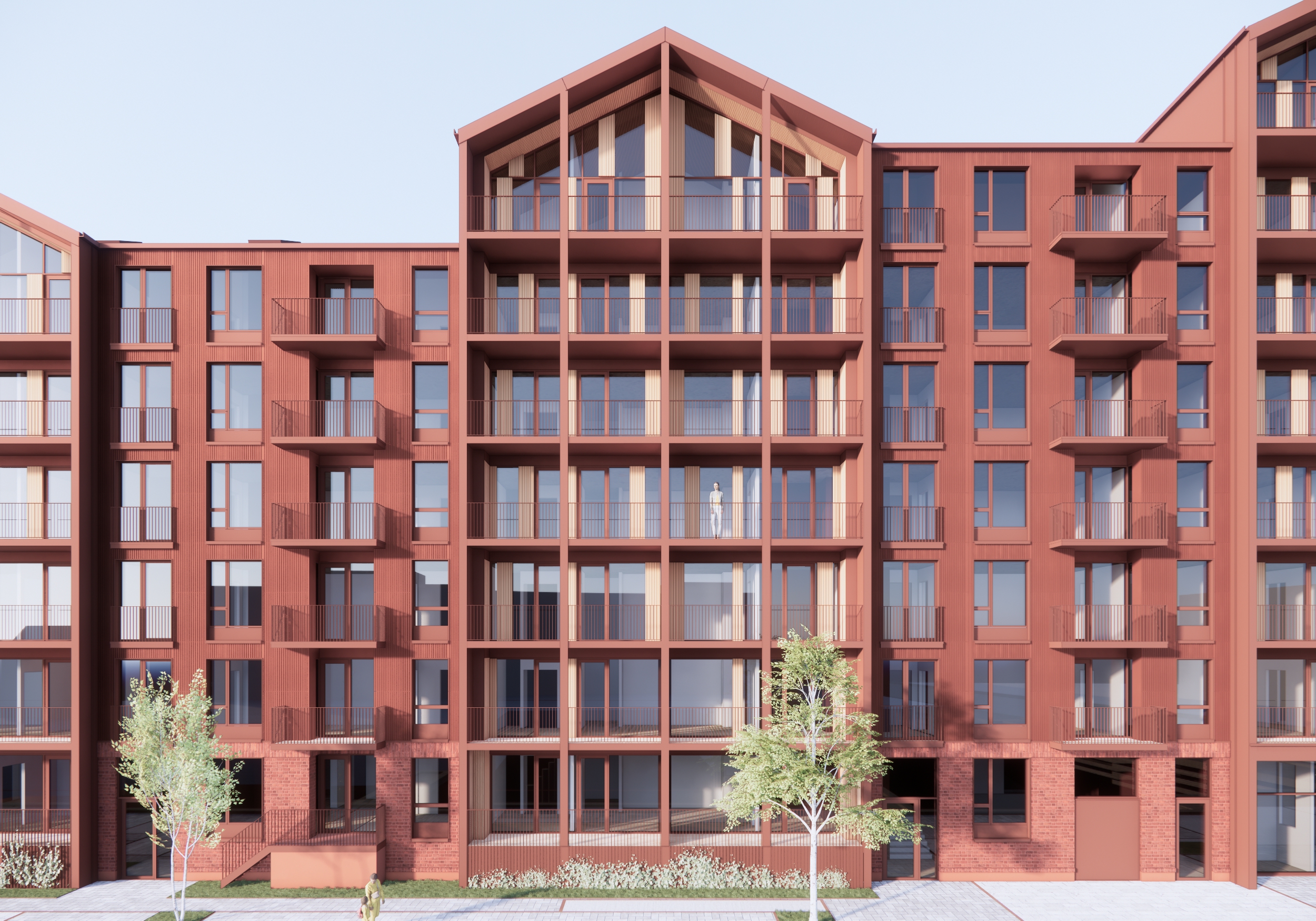 Facade på Enghave Brygge Syd – galvaniseret keramik i røde toner til Sejlbryggen, Lanternebryggen og Ankerbryggen